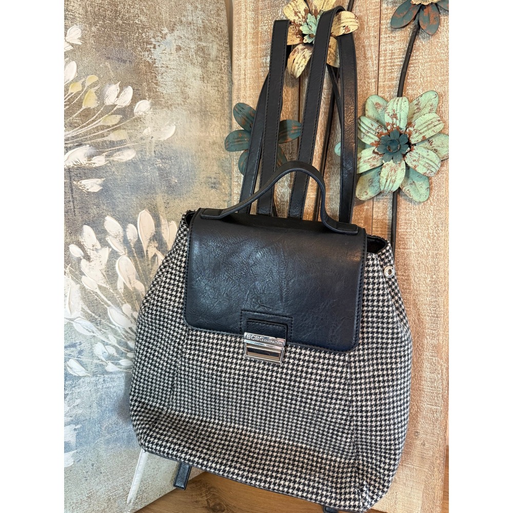 BCBGeneration Black White Houndstooth Plaid Backpack Purse Silver Hardware